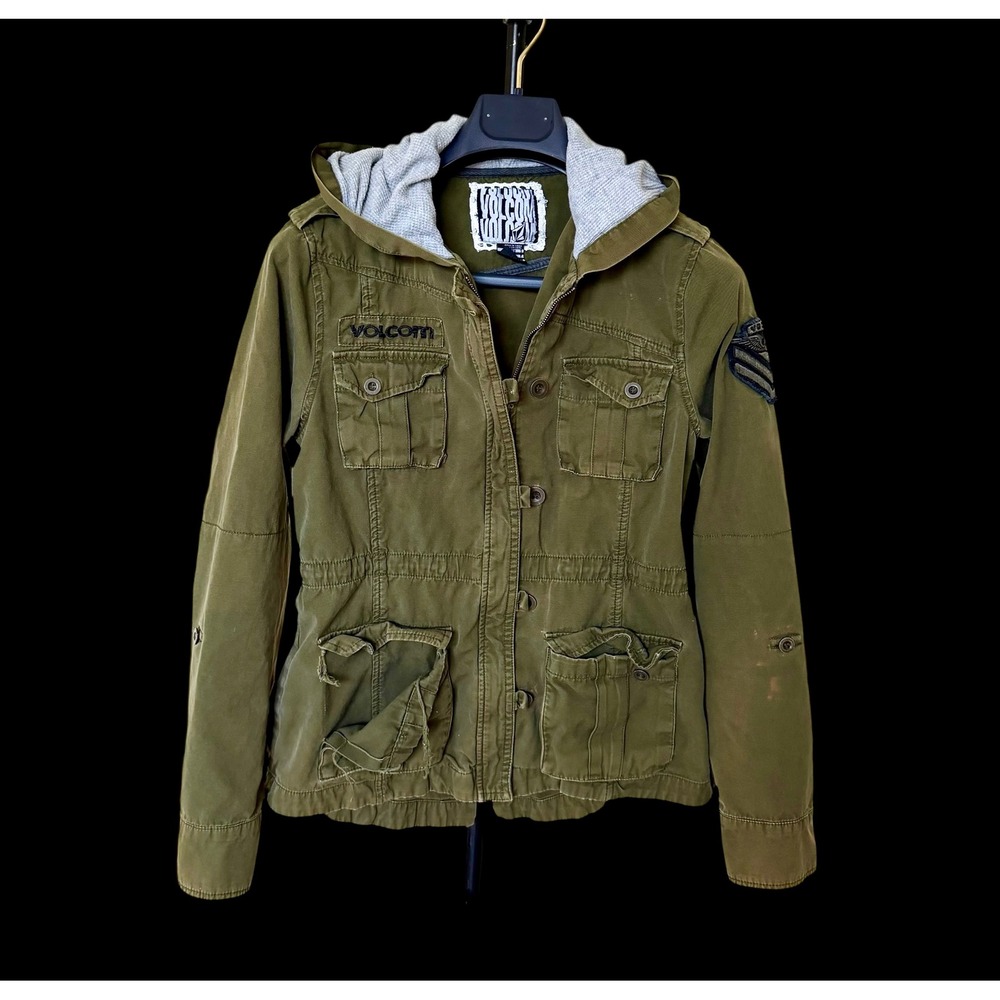 90's Volcom Womens Olive Utility Jacket Hooded Military Thrashed Coat Small